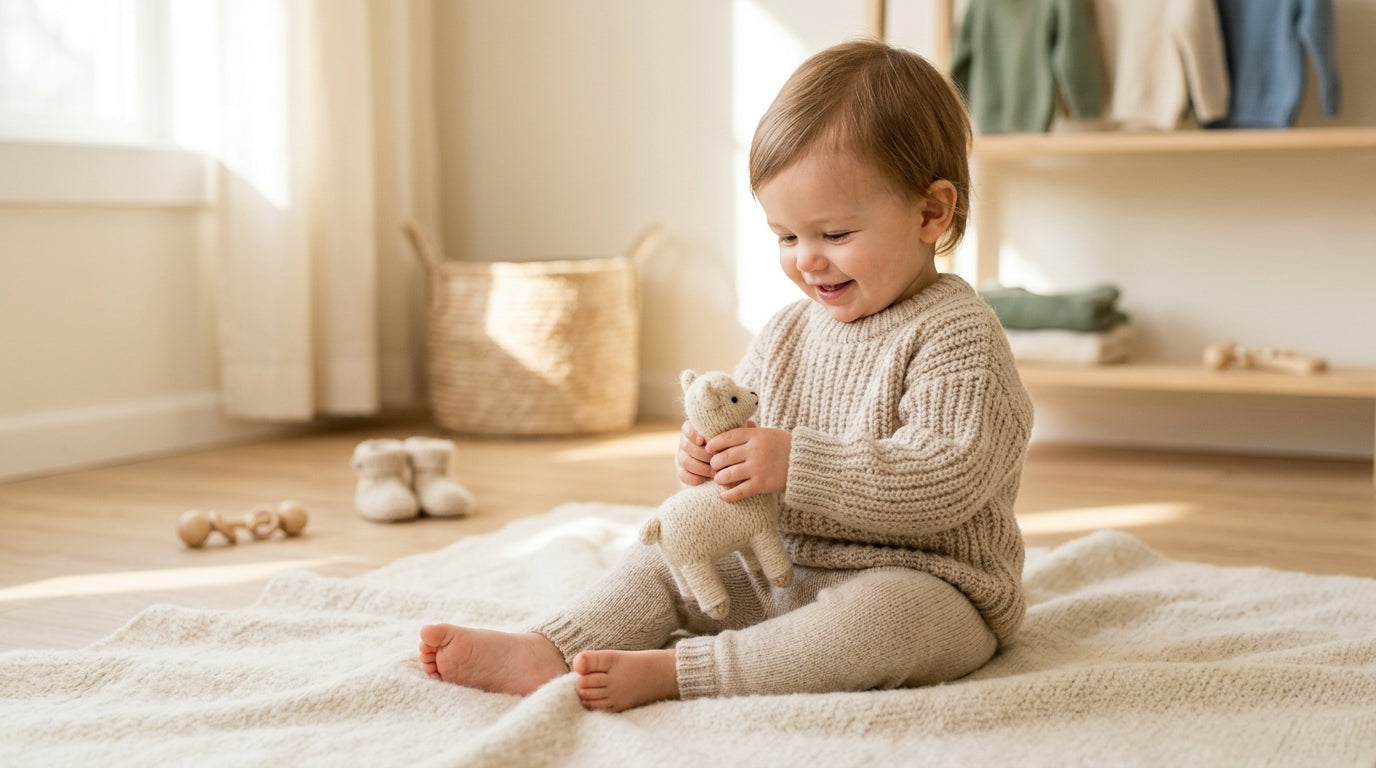 A toddler in a soft alpaca sweater holding a wooden play gym toy