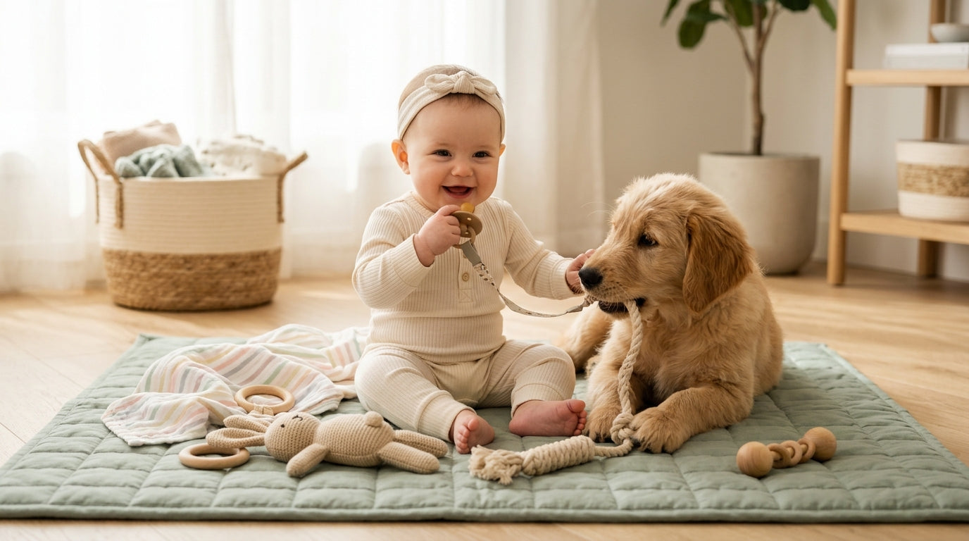 A tired mom holding an infant while a golden retriever puppy chews on a slipper.