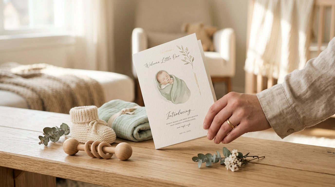 A stack of addressed baby announcement cards sitting on a messy wooden table next to a half-empty chai mug.