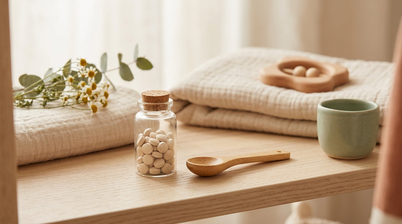 A stressed tired dad holding a medicine bottle at three in the morning