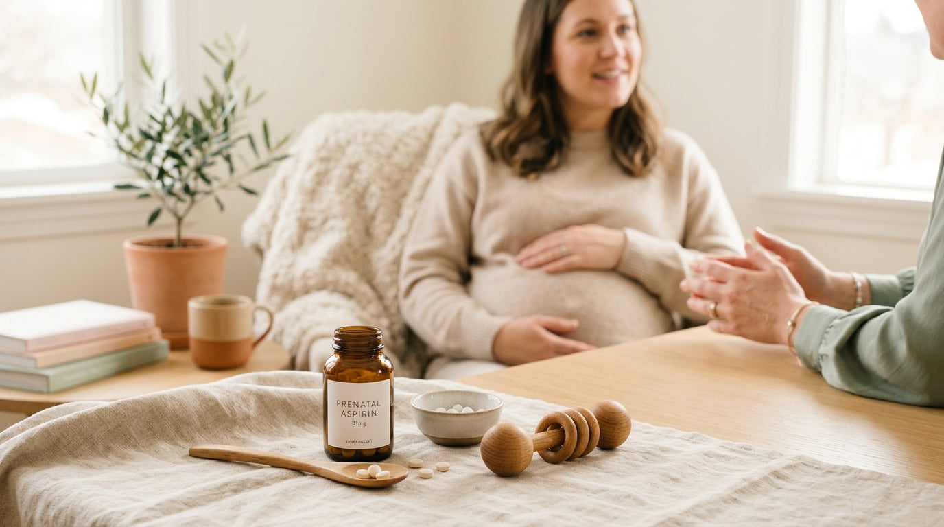 Pregnant woman holding a daily pill organizer with baby aspirin during pregnancy.