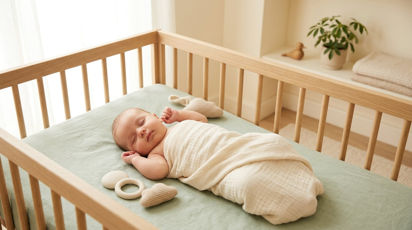 A wooden play gym next to a screen-free audio player on a rug