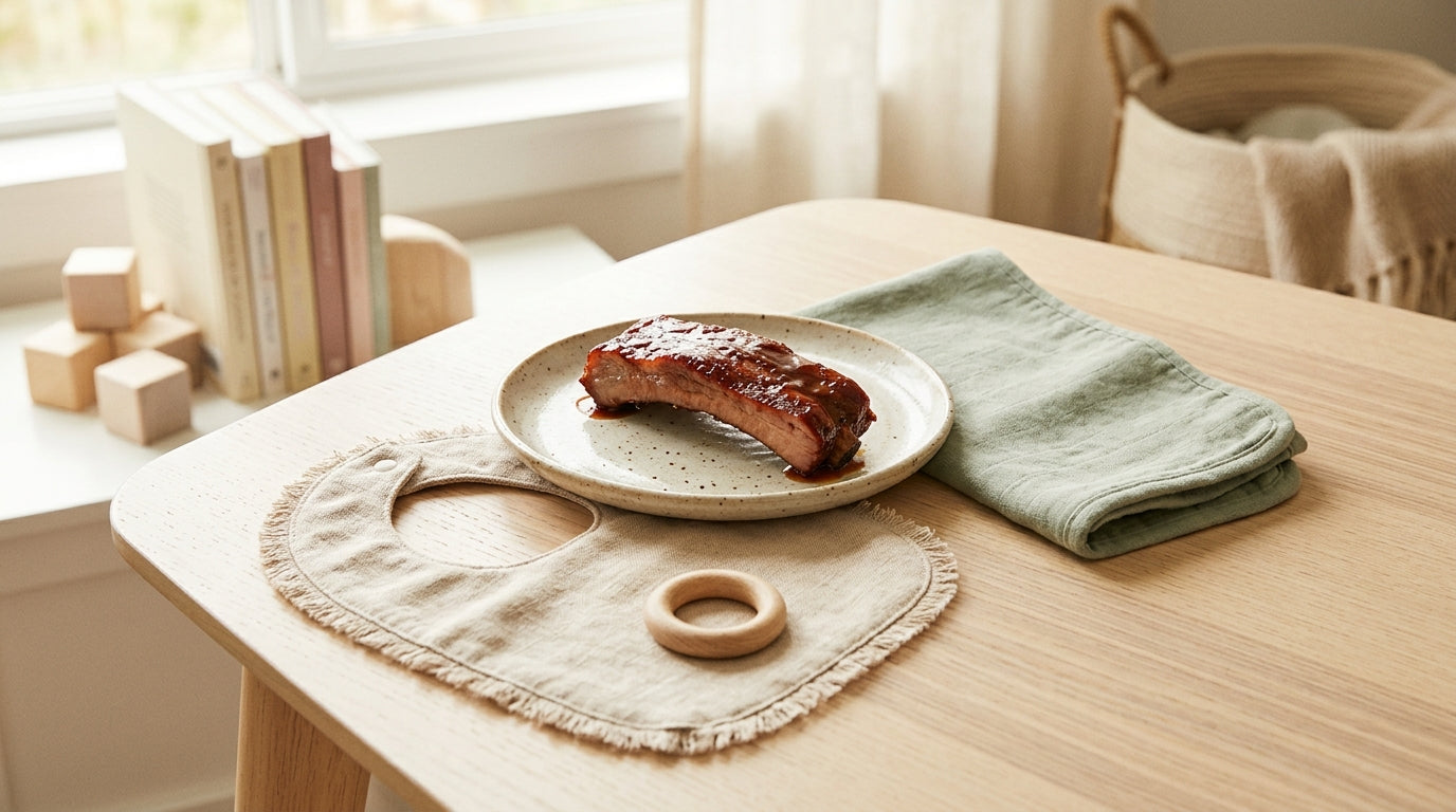 A baby covered in meat juices chewing happily on a pork rib bone.