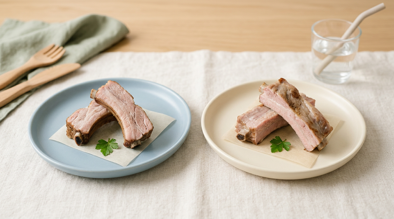 Portland dad holding a baby back rib next to a messy 11-month-old at a summer BBQ