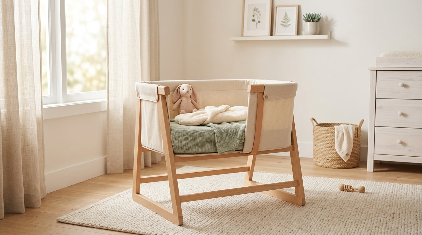 A simple modern infant bed next to a parent bed in a dim room.