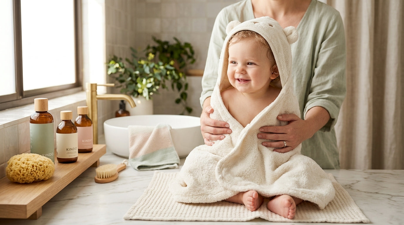 A chaotic bath time setup with a baby bathtub and an organic bamboo towel