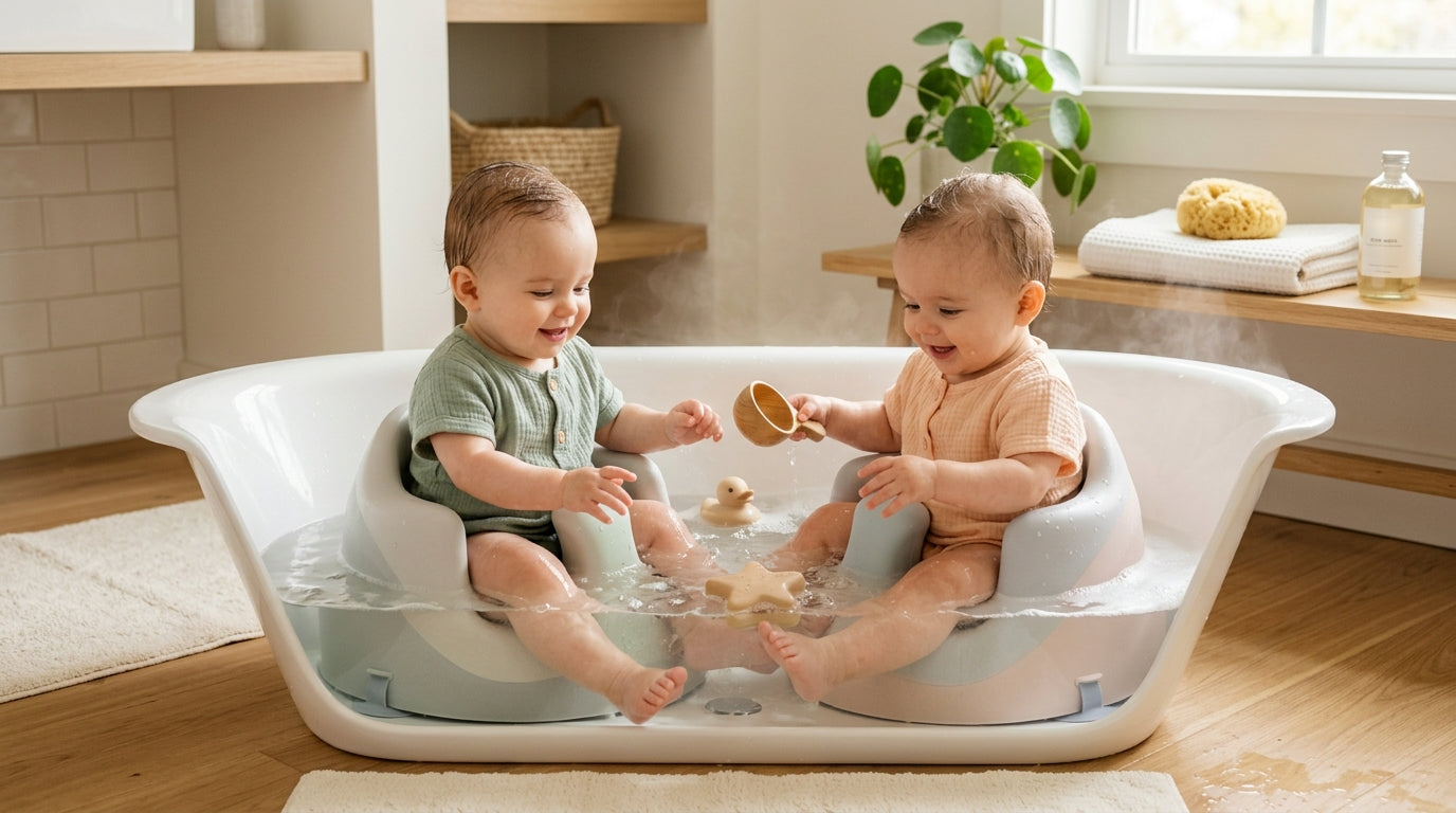Exhausted dad kneeling beside a bathtub holding a wet baby wrapped in a towel