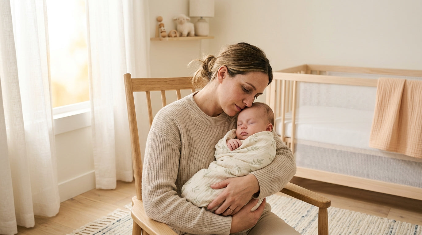 A tired father inspecting a baby cot mattress with a flashlight.
