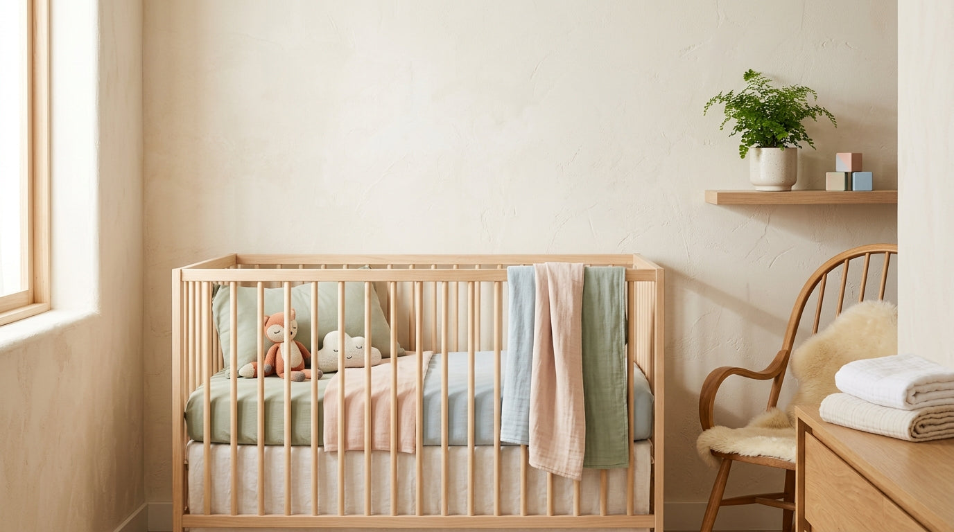 A tired mom holding a flashlight over a wooden crib in a dark nursery.