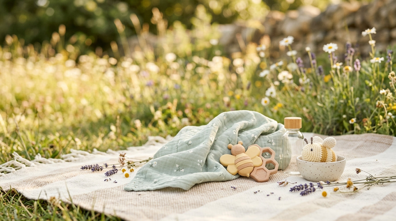 A bewildered dad researching baby bee stings on his phone at a park