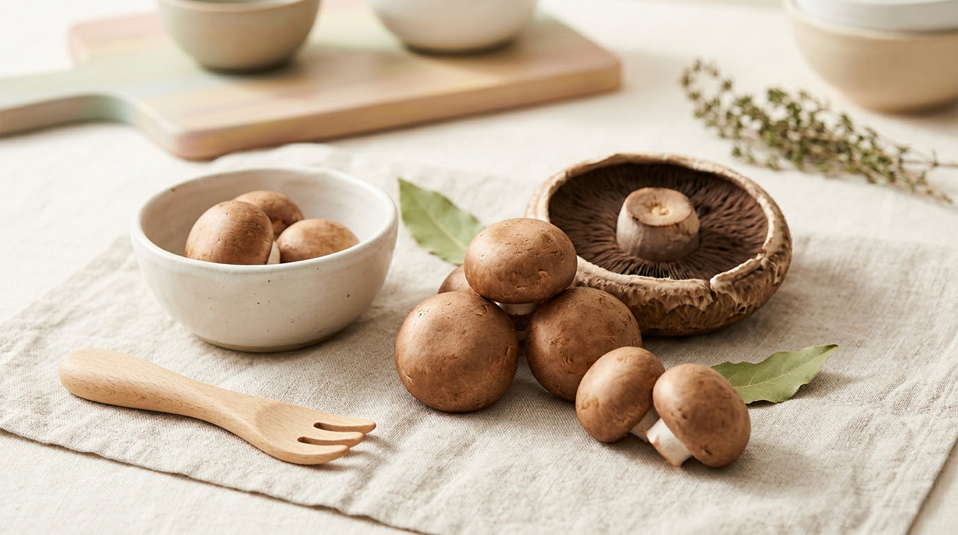 A rather suspicious-looking baby inspecting a cooked baby bella mushroom