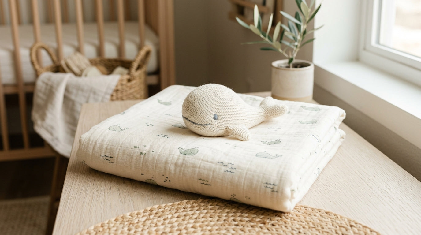 Tired mom holding a sleeping baby in a bamboo wrap doing a crossword puzzle