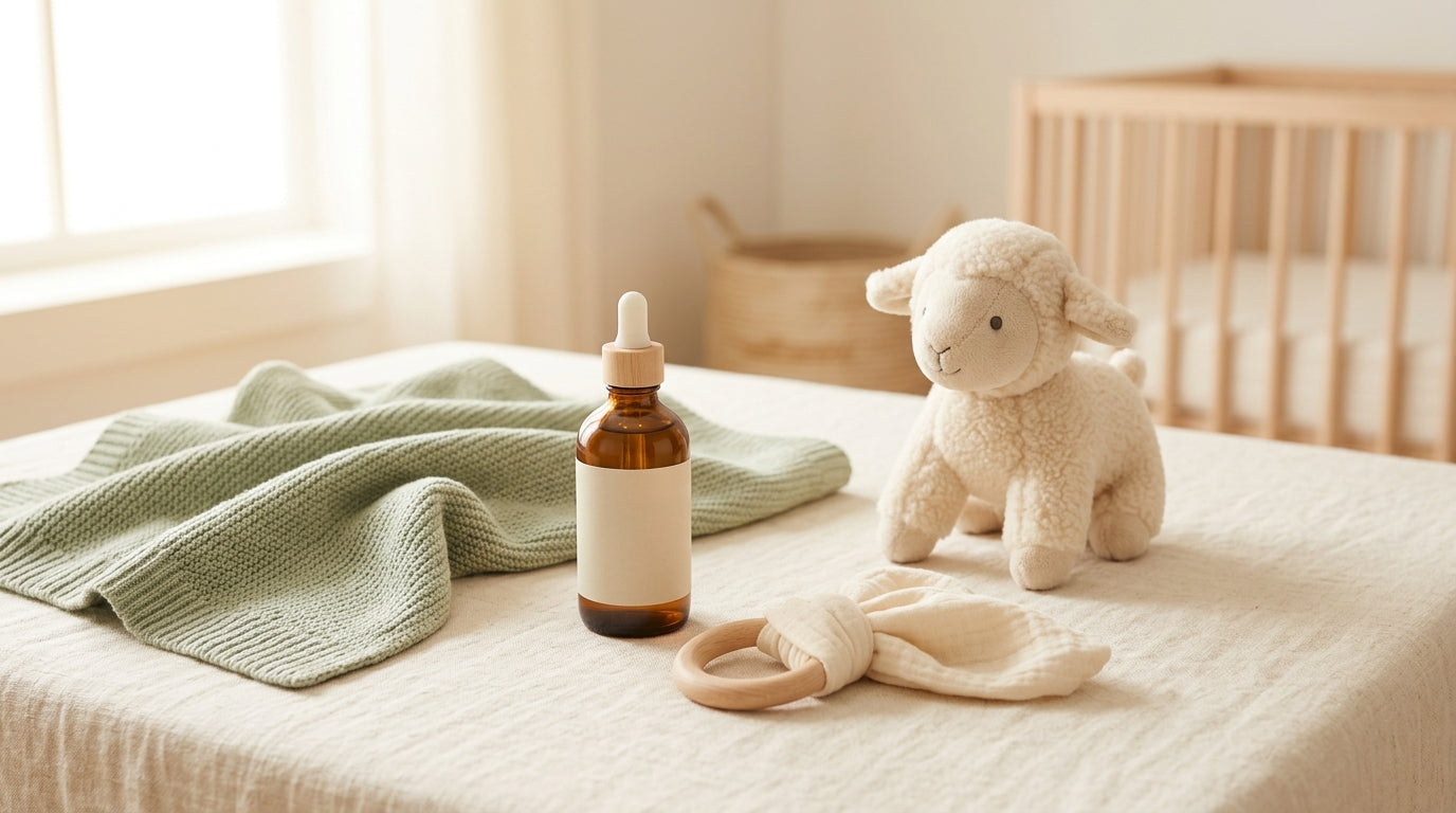 Stressed mom looking at a sticky bottle of pink baby benadryl liquid