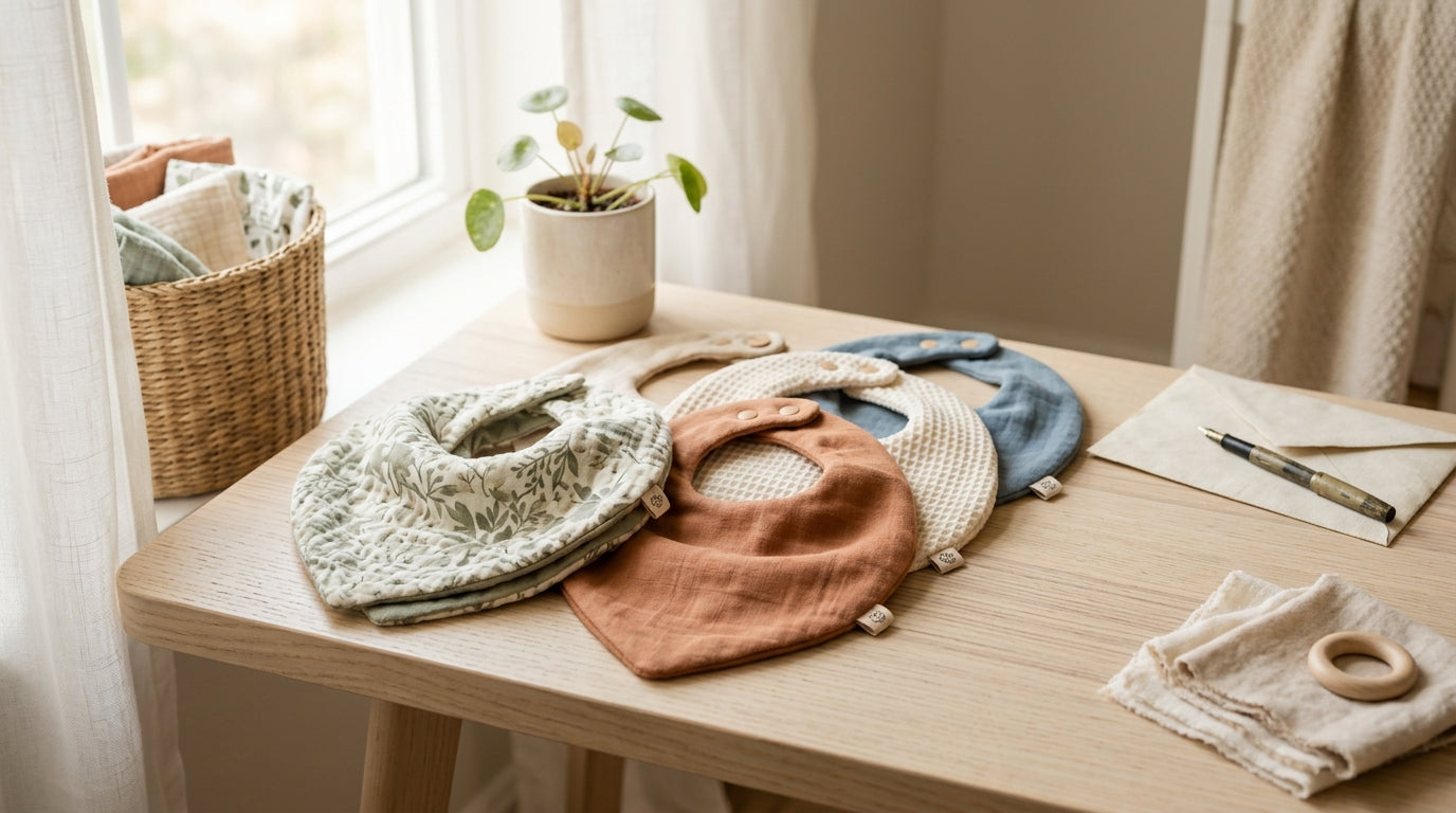 Tired dad holding a green silicone baby bib covered in sweet potato puree.