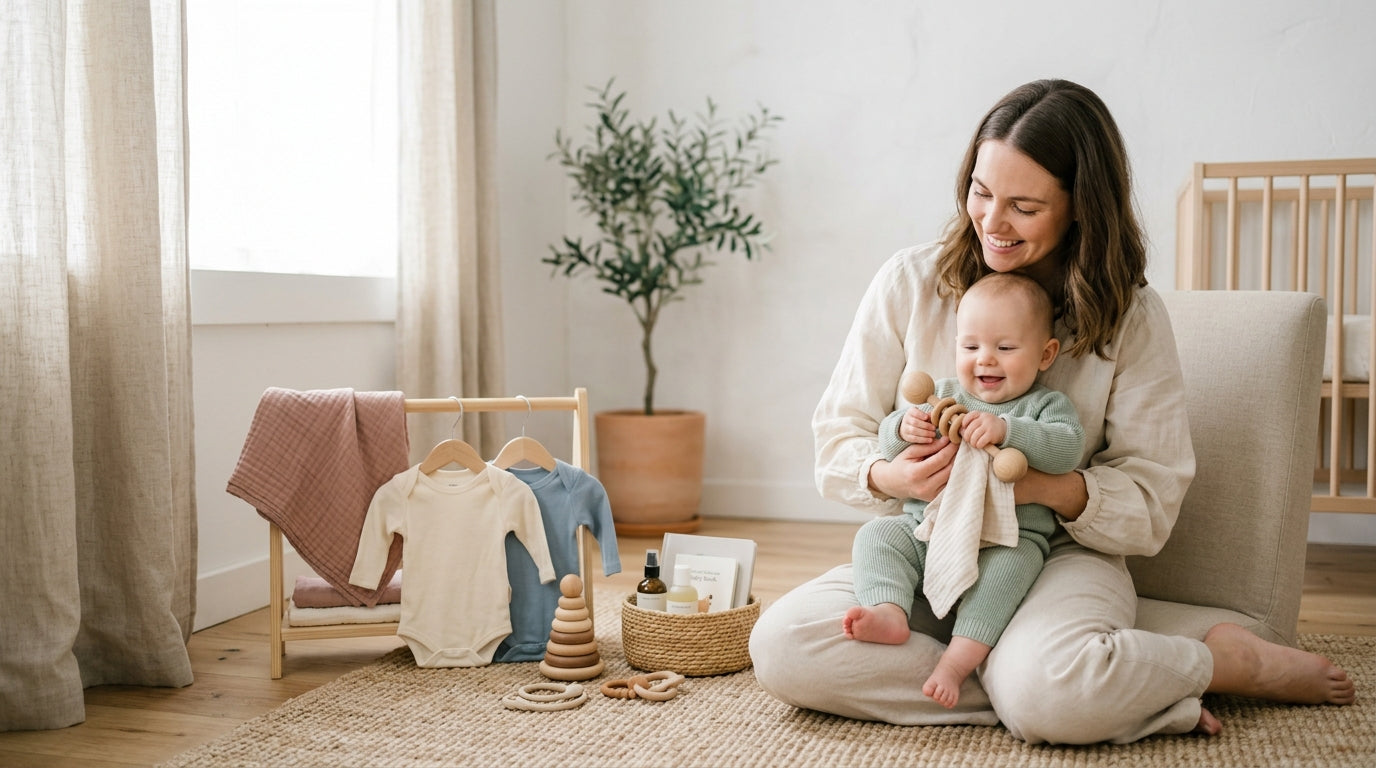 A toddler playing with wooden blocks and a baby gym on the living room floor.