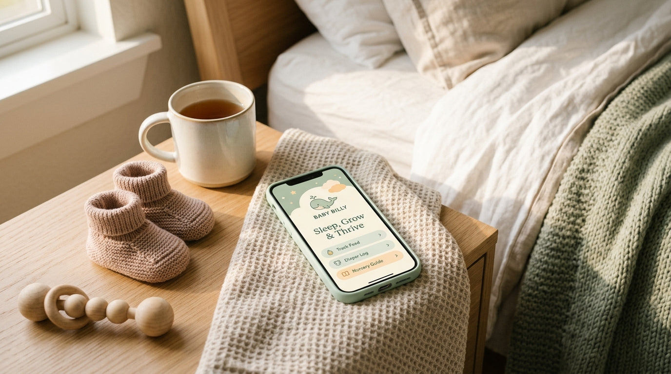 A pregnant mother looking at the baby billy app on her phone in a dark bedroom