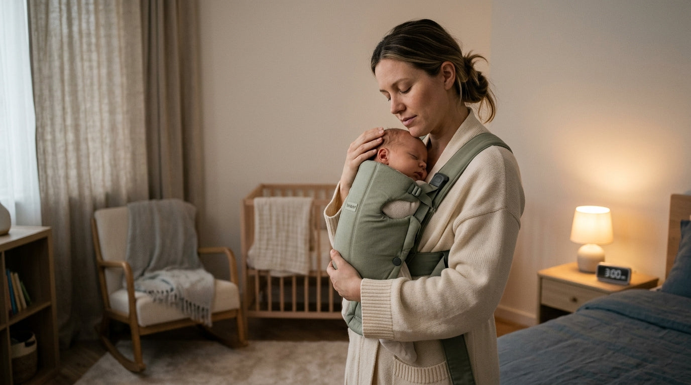 Tired mom wearing a sleeping newborn in a dark grey baby carrier while drinking coffee.