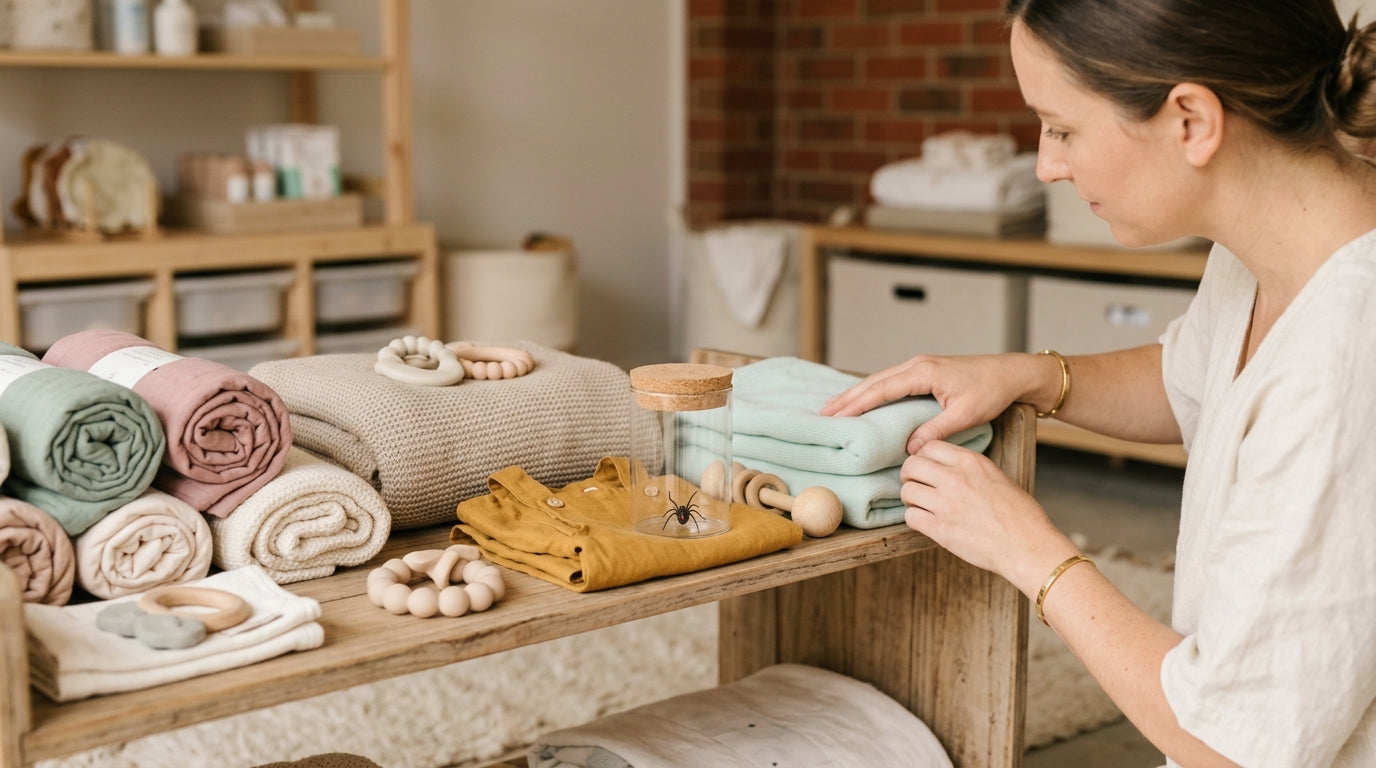A mom inspecting a baby blanket for spiders in a garage