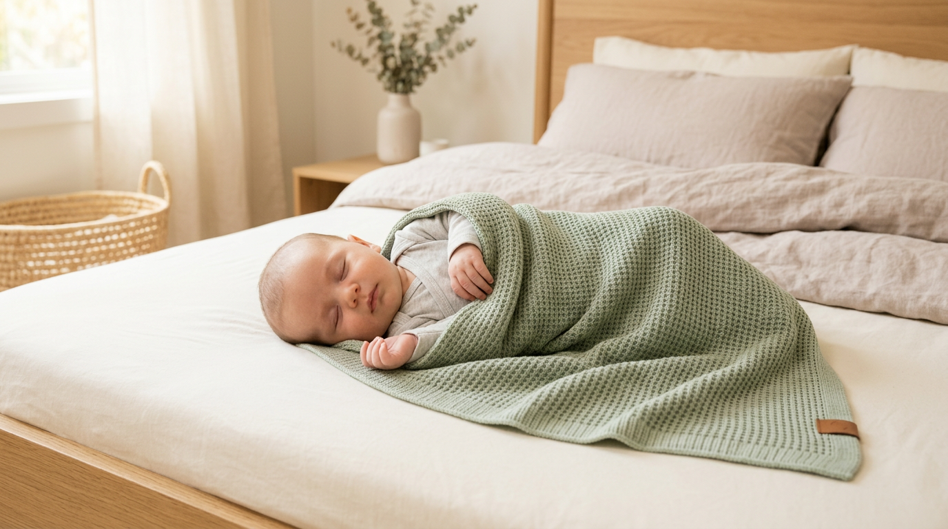 A tired mom holding a folded baby blanket in a messy nursery