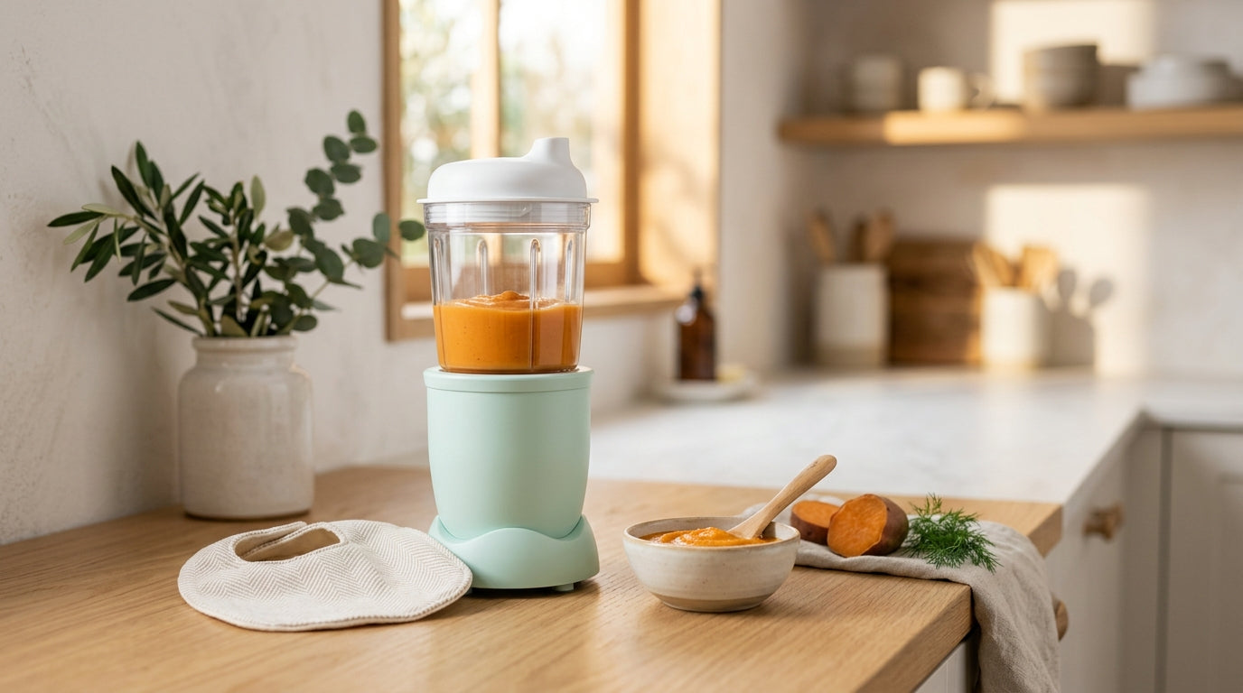 Mom looking tired next to a pile of dirty blender parts and baby food jars