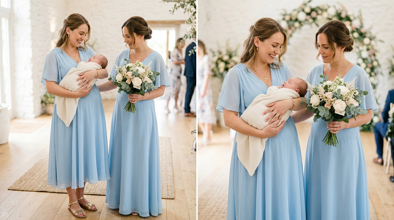 Pregnant bridesmaid wearing a light blue dress while holding an iced coffee