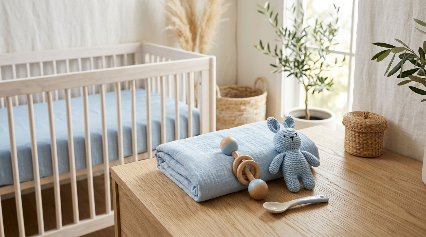 A tired dad holding a paint swatch next to a crib with baby blue bedding