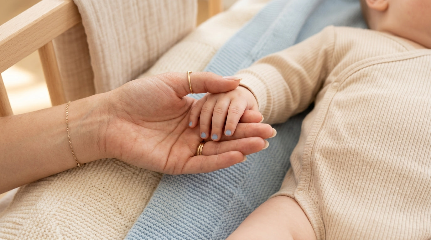 Close up of a sleeping newborn baby's tiny hand resting on a soft blue blanket.