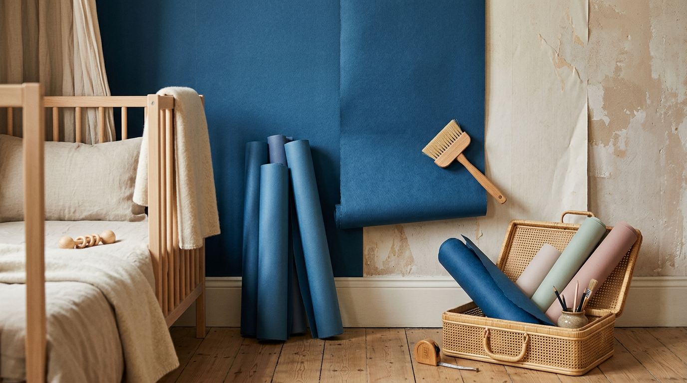 Dad holding a teething toy in front of a blue patterned nursery wall