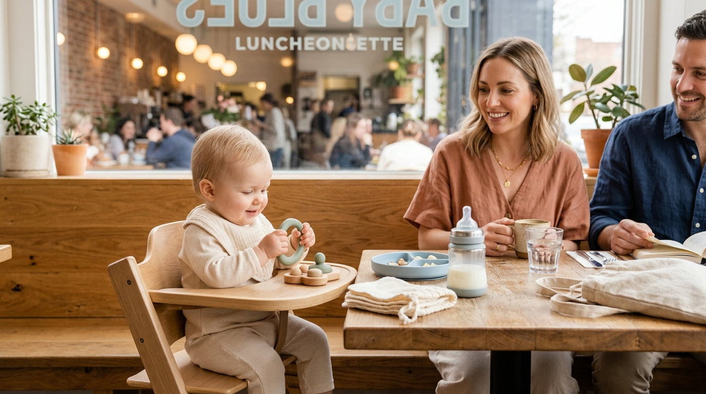 An exhausted dad holding a baby outside Baby Blues Luncheonette in Brooklyn