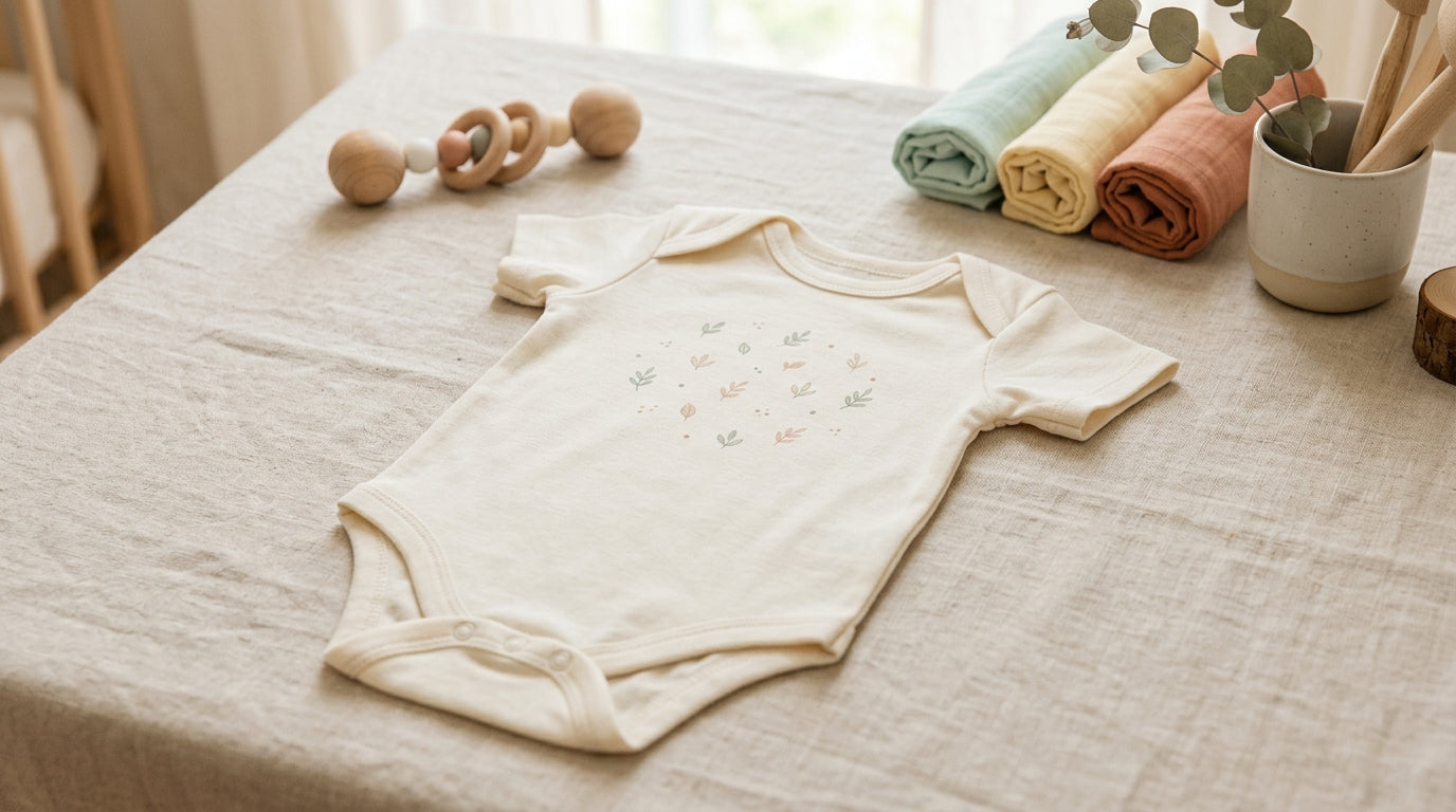 Organic cotton printed baby bodysuit folded on a nursery dresser