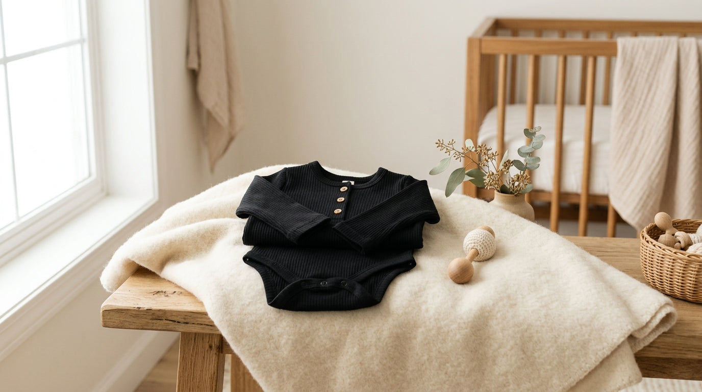 A baby sleeping comfortably in a black organic cotton onesie on a playmat