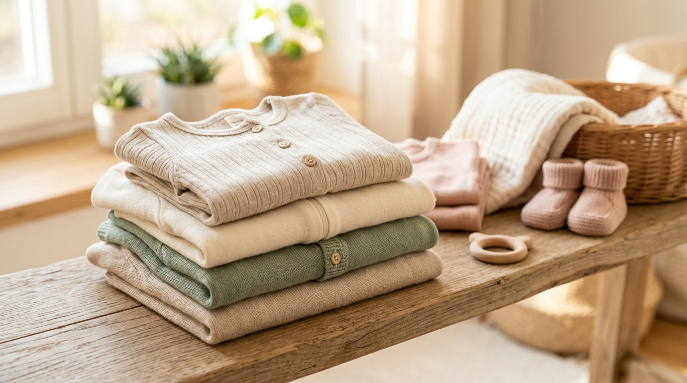 A folded stack of natural wool and silk baby bodysuits on a messy nursery changing table next to a cold coffee.