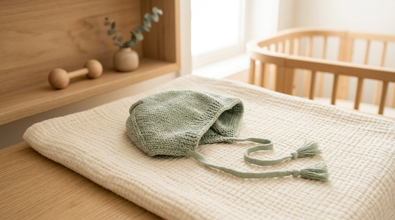 Sarah holding a vintage cotton baby bonnet over a messy nursery changing table