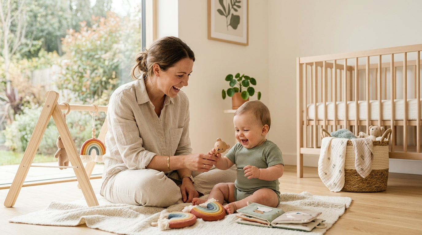 Exhausted dad holding a baby while looking confused at a laptop