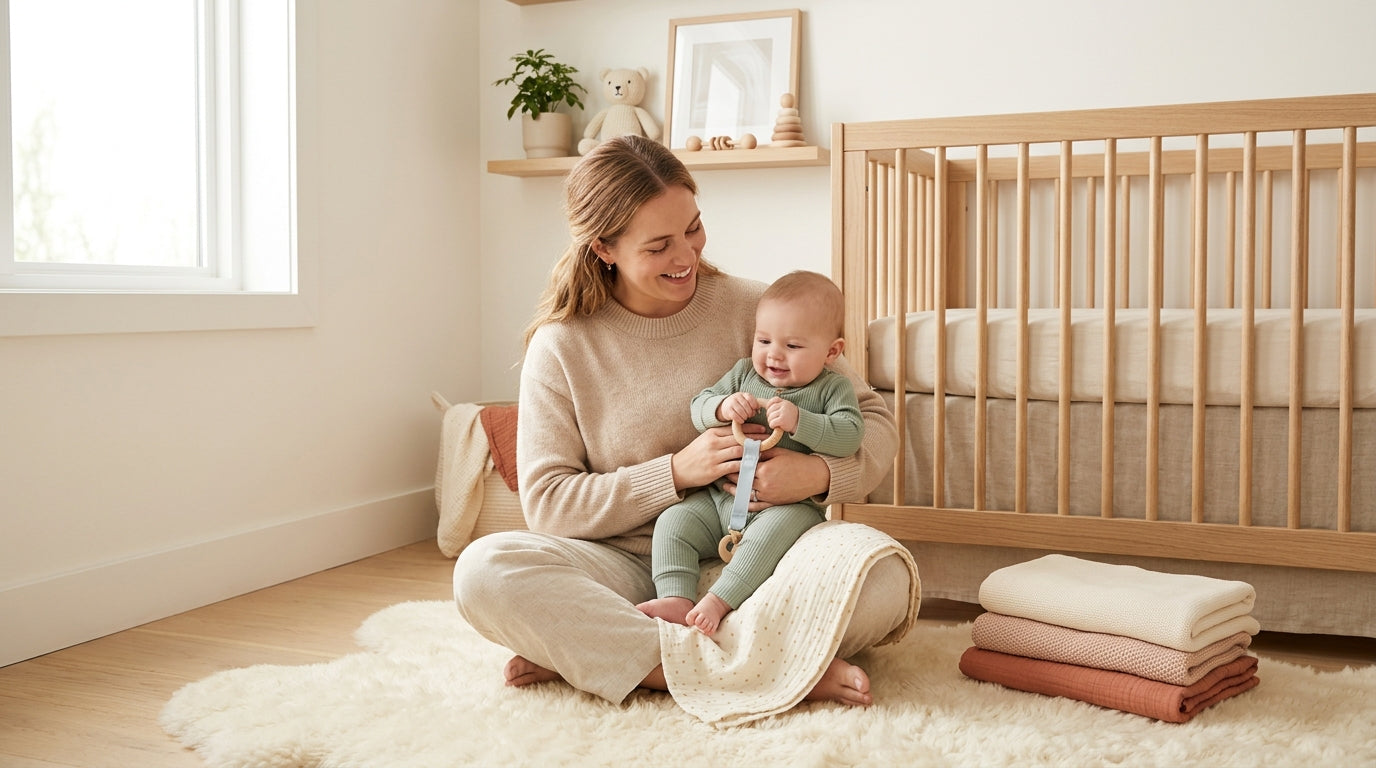 A stressed millennial mom drinking coffee while a toddler pulls on her leg