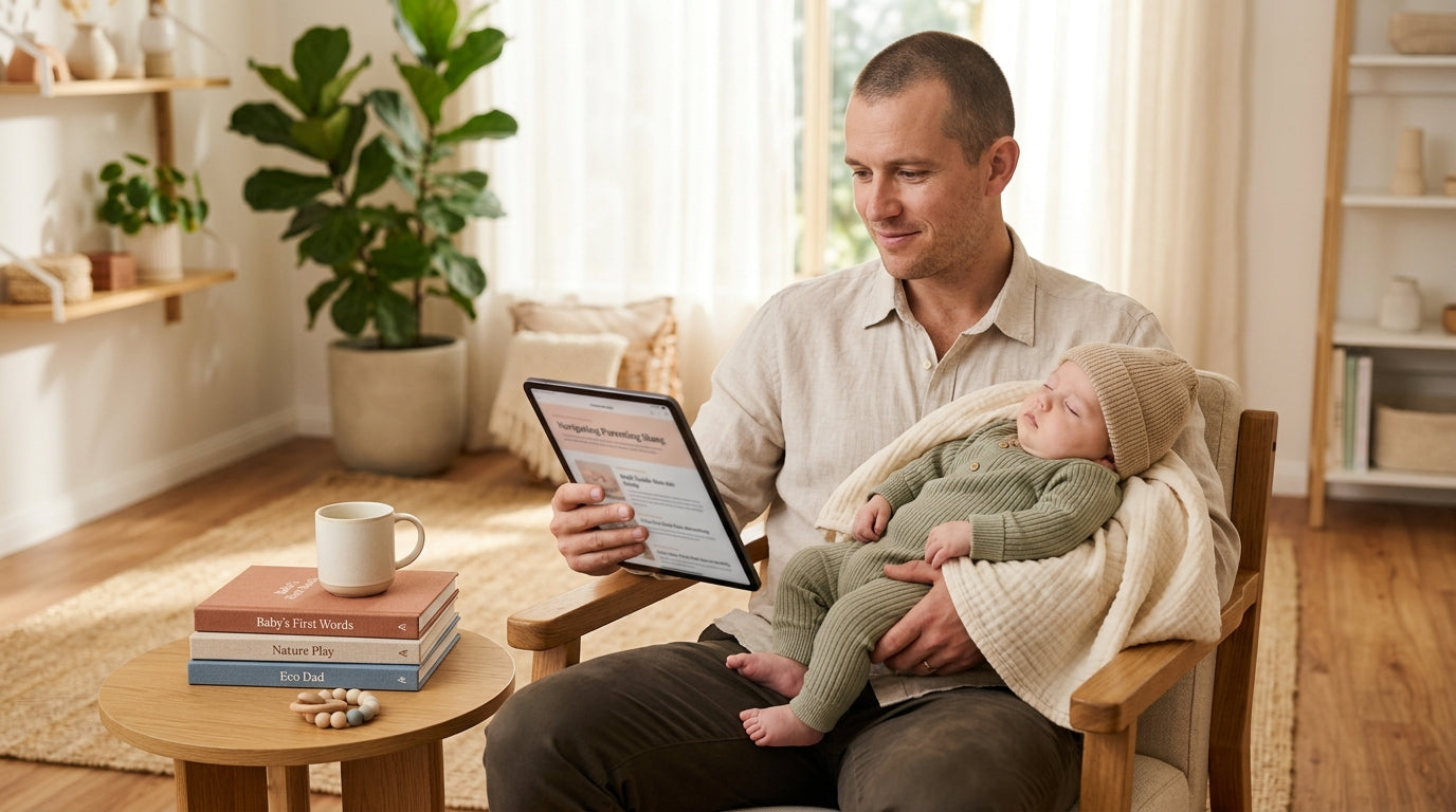 A confused dad looking at his phone next to a baby playing with wooden toys
