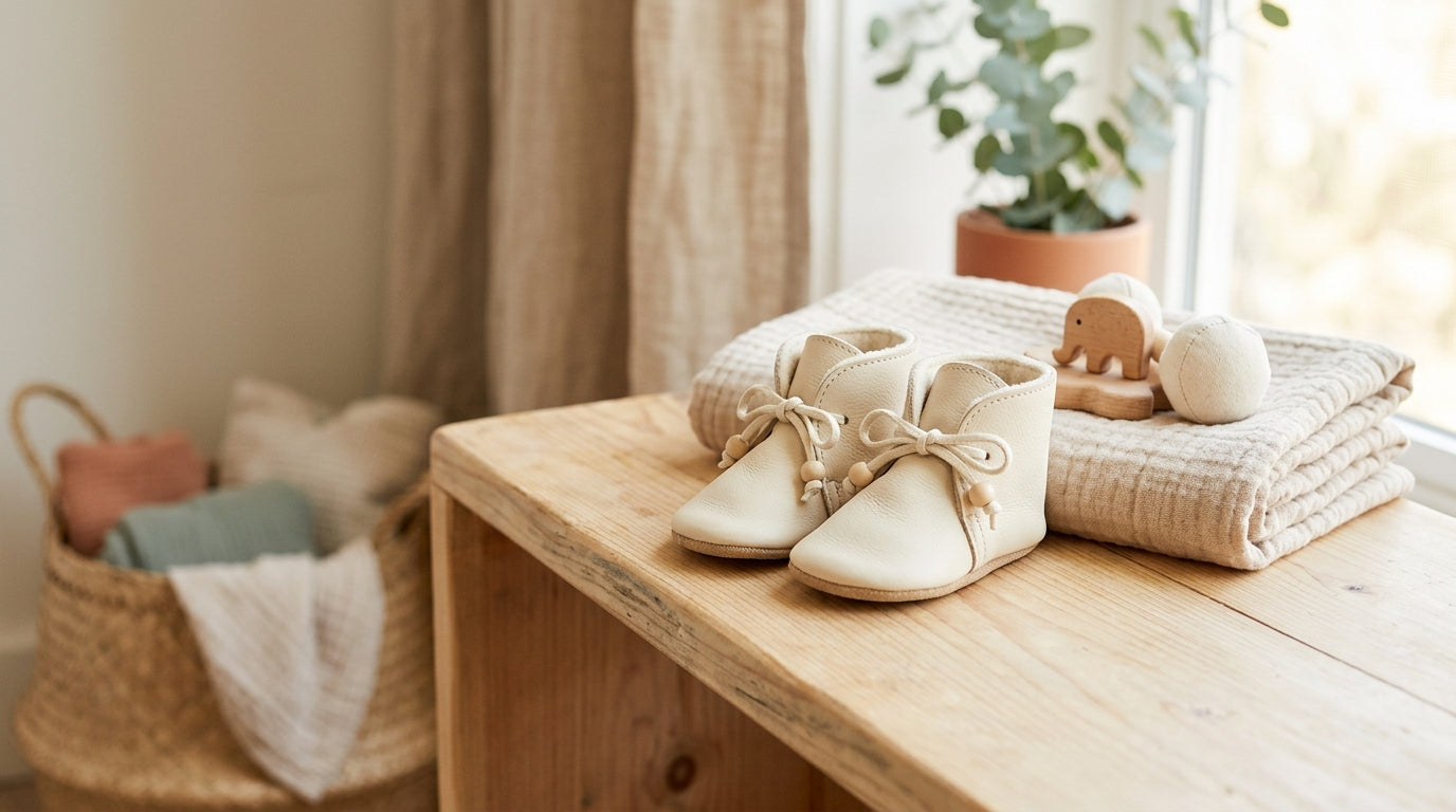 Toddler pulling off heavy winter boots on a rug