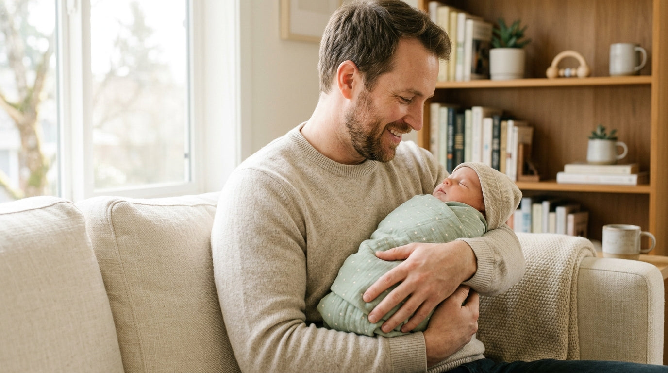 A bewildered dad staring at a sleeping newborn baby