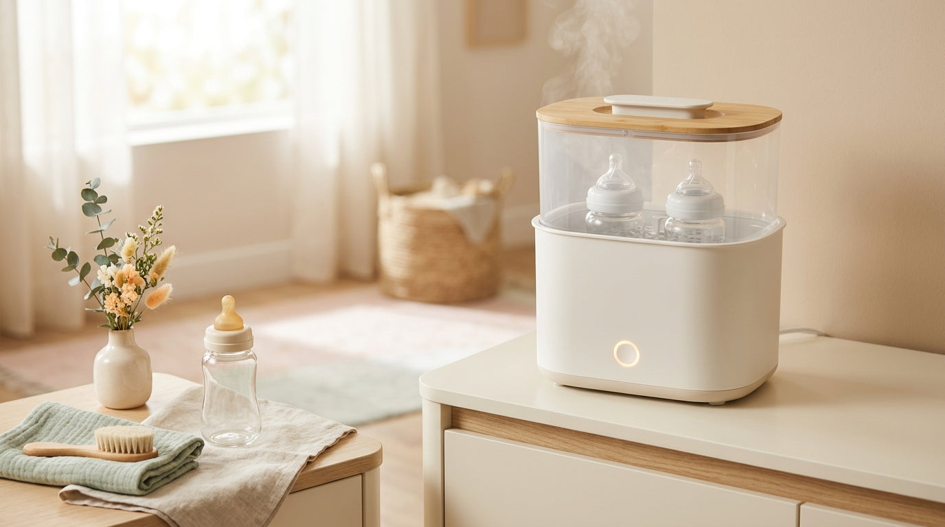 Jess's messy kitchen counter showing a bottle sterilizer next to clean silicone teethers and glass bottles