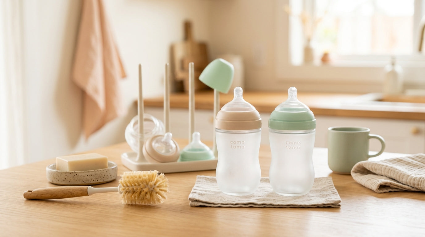 A tired dad holding a freshly washed baby bottle in a dim kitchen.