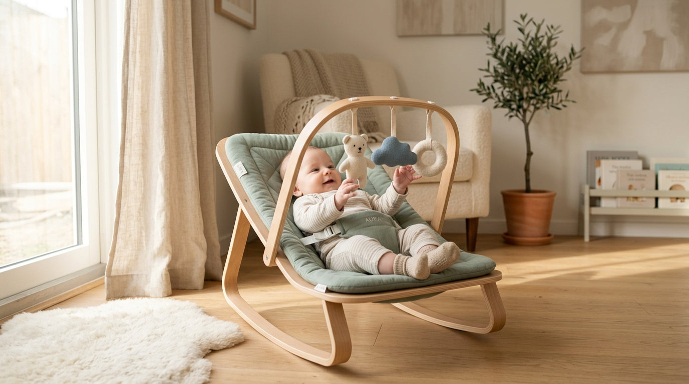 Baby in an organic cotton bodysuit kicking in a wooden floor bouncer