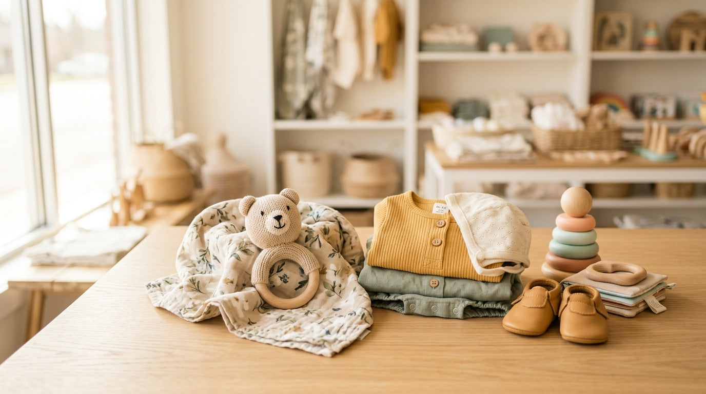 Mom holding a coffee cup while looking at a baby boutique clothing display.