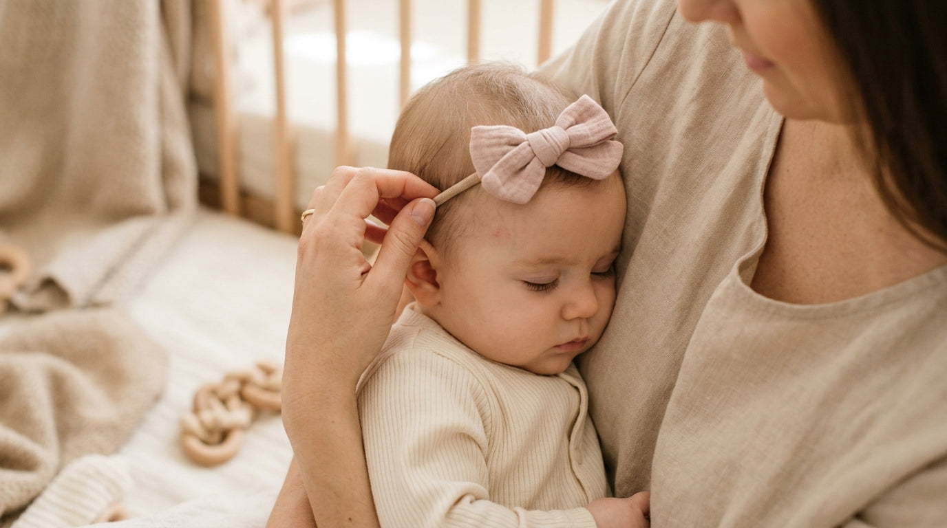 A fussy baby girl sitting on a blanket trying to pull a large pink bow off her head