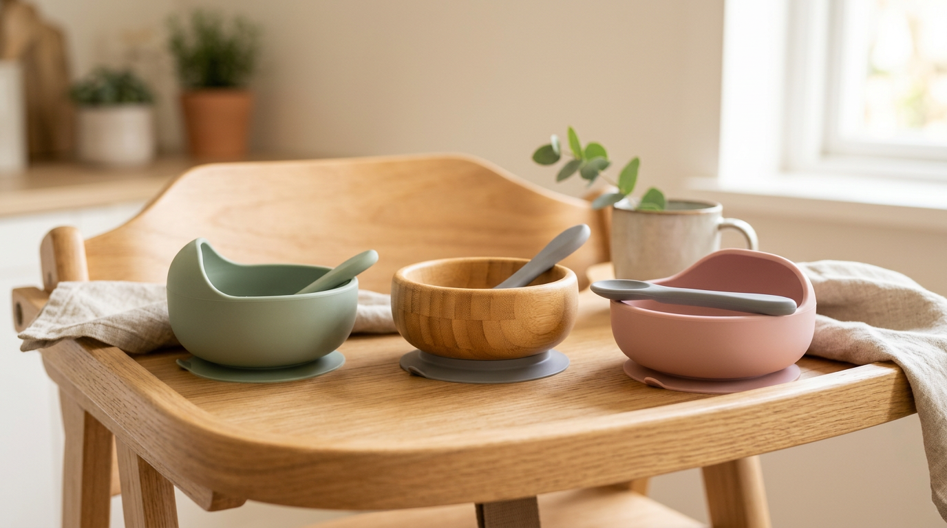 Sarah holding a messy silicone baby bowl covered in spaghetti sauce.