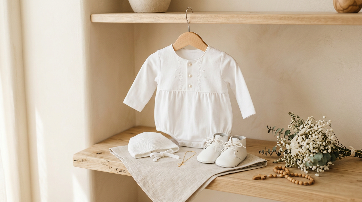 Baby boy wearing an organic cotton christening romper in a church pew.