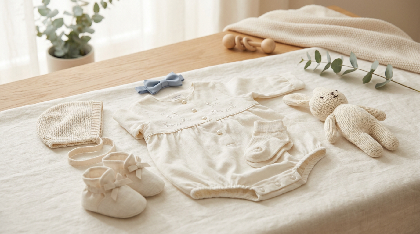 Baby boy in a soft organic cotton baptism outfit held by his mother