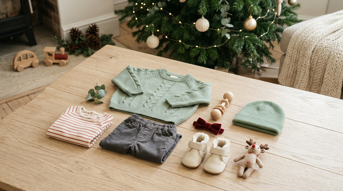 Upset infant sitting on a rug wearing a stiff holiday blazer