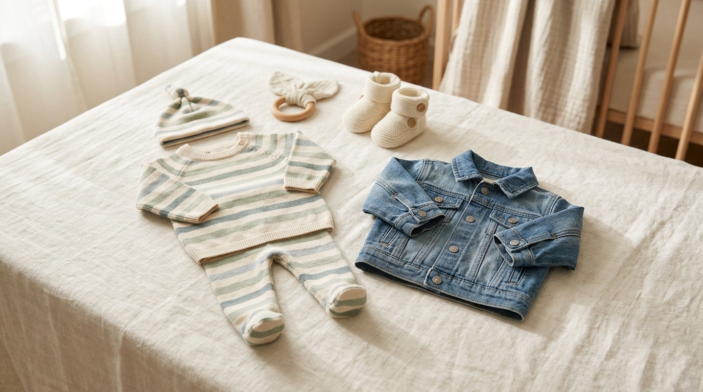 Dad trying to buckle a newborn baby boy into a car seat while holding a tiny denim jacket