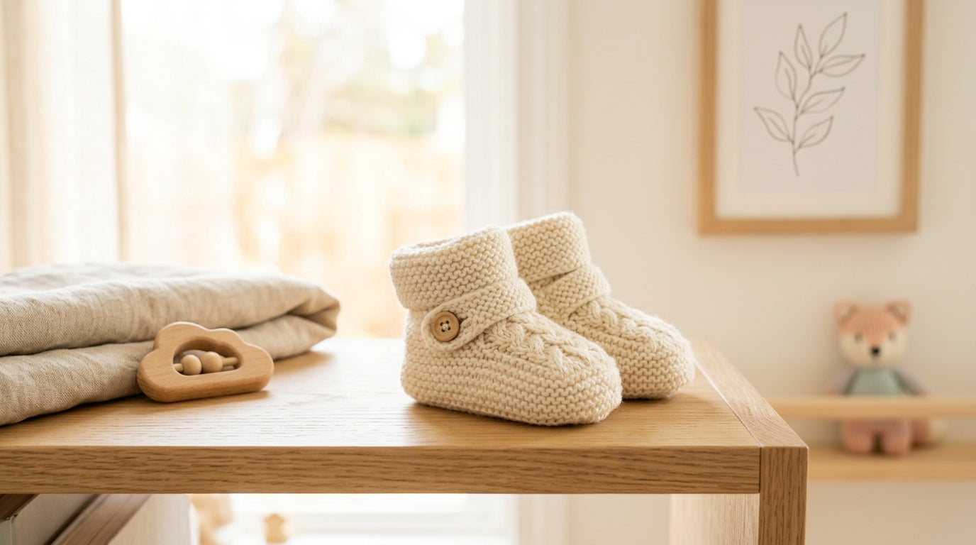 Toddler pulling up to stand while wearing soft flexible minimalist baby shoes