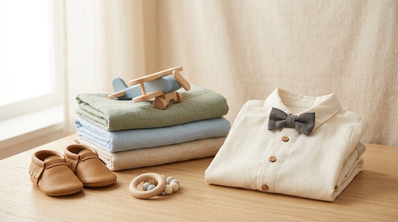 A soft bamboo blanket and organic cotton retro shorts folded on a nursery chair